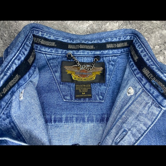 🏍🏍🏍Mens Medium Harley Davidson Denim Short Sleeve Button Up Shirt - Picture 4 of 12